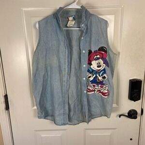 Vintage 90s Mickey Unlimited Denim Vest Cartoon Character Large